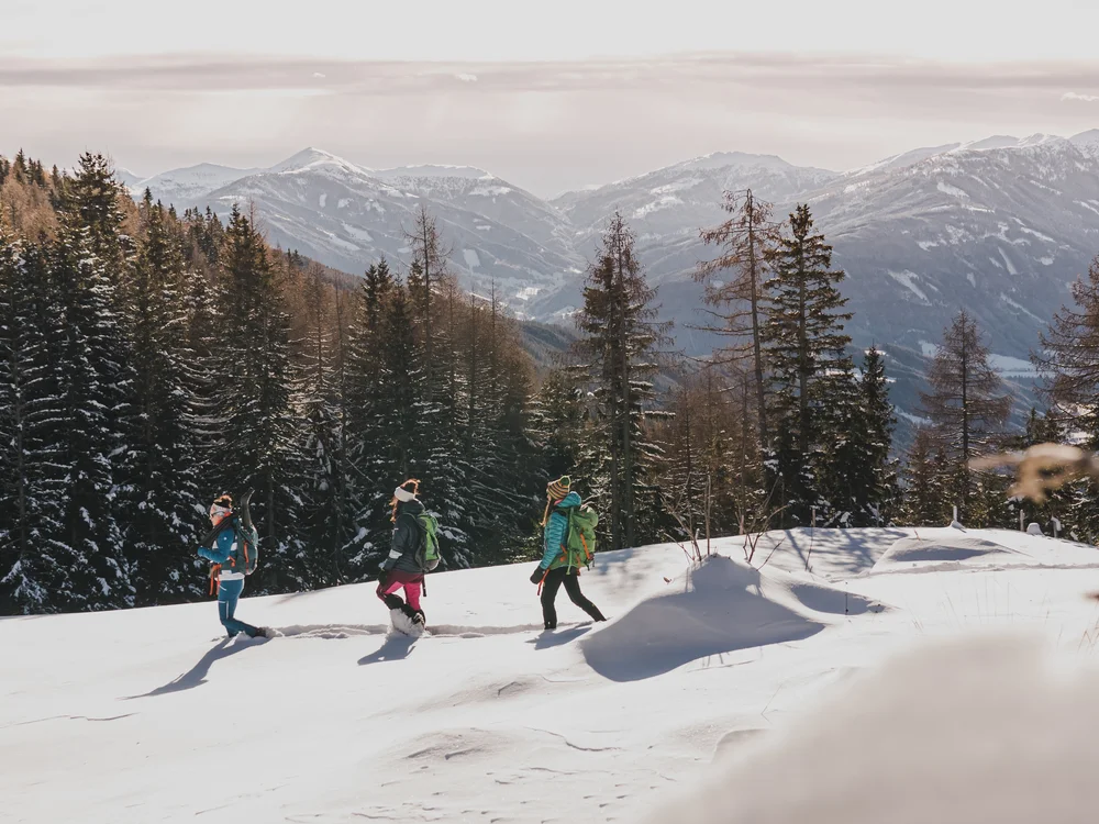 GRETI in Bad Hofgastein: dein alpines Boutique Hotel Drei Wanderer gehen durch verschneite Landschaft vor bewaldeten Bergen